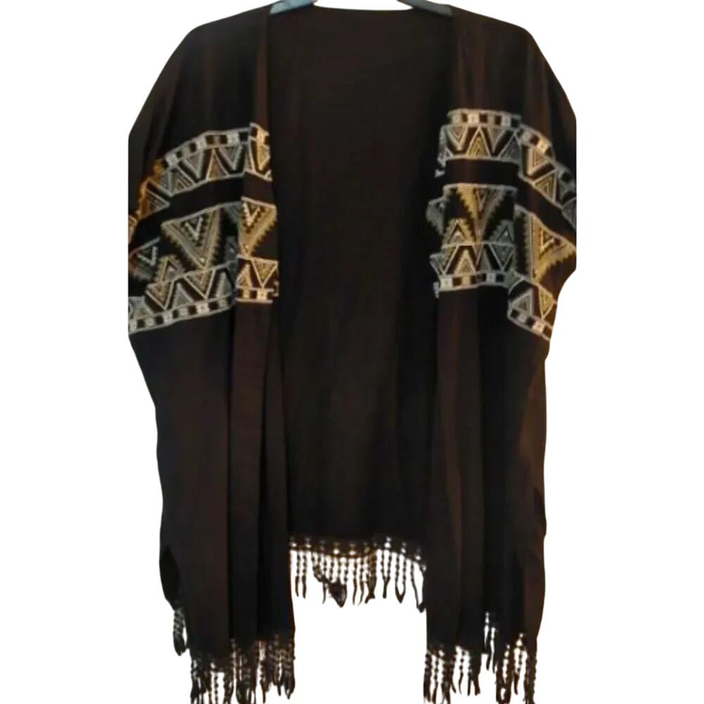 WORLD MARKET Black Embroidered Lace Fringe Open Front Kimono Free Size MSRP $110